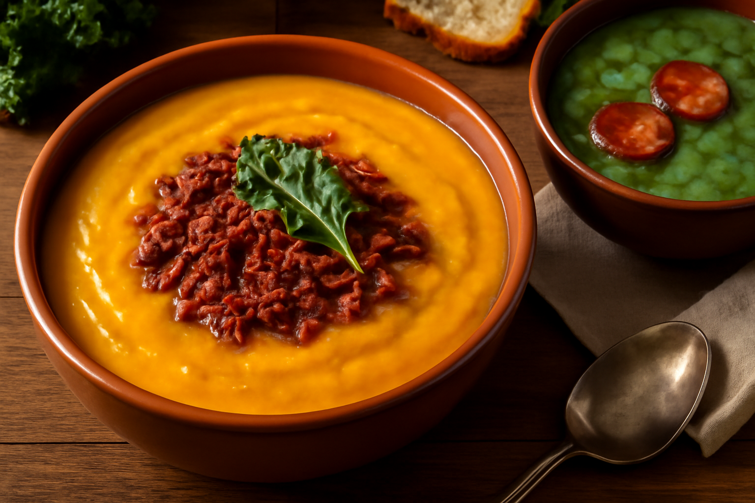 Receita de Creme de Abóbora com Carne Seca e Caldo Verde